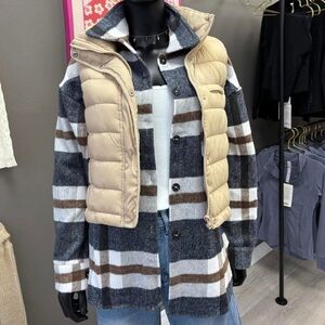 Women’s Plaid Button Flannel Shirt Jacket -Navy Blue